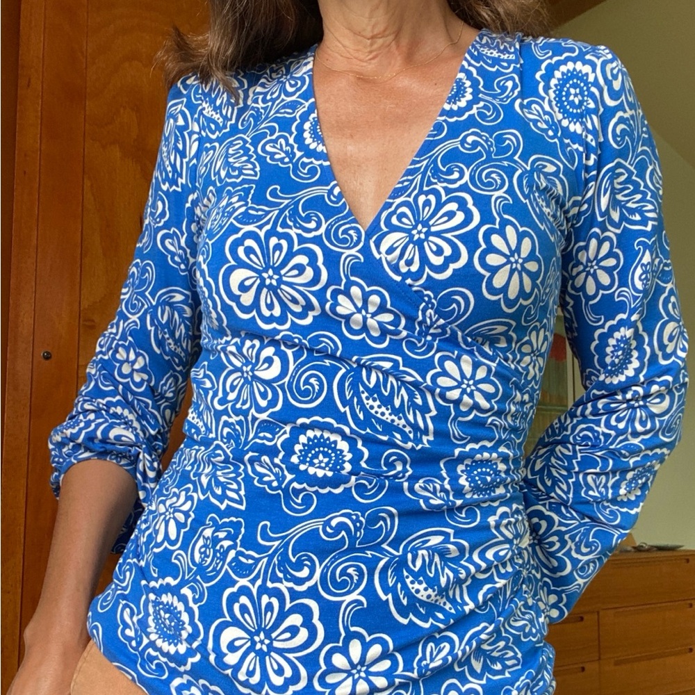 Boden Blue Graphic Long Sleeve Blouse
